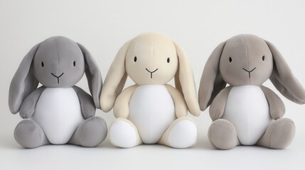 Three adorable stuffed animals are arranged closely together on a clean white surface, showcasing their unique designs and vibrant colors.