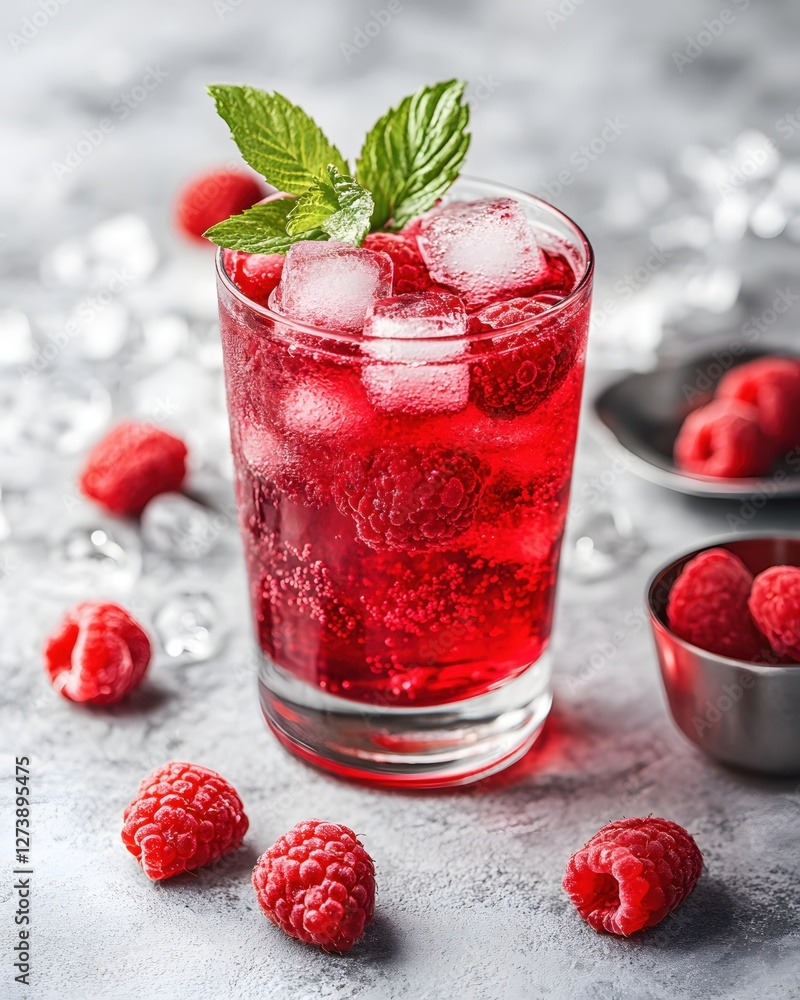 Poster refreshing raspberry drink with ice cubes and mint leaves on a textured gray surface