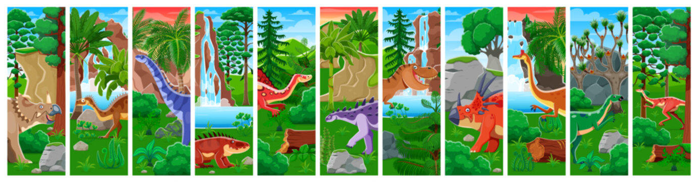 Prehistoric dinosaur characters collage with cartoon dino animals and jurassic reptile. Cute centrosaurus, tyrannosaurus rex, shansisuchus and styracosaurus vector personages in forest with waterfall
