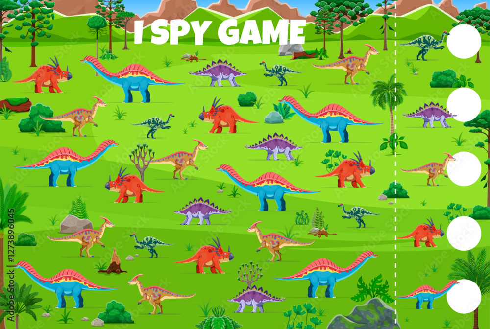 Aufkleber I spy game worksheet with funny prehistoric dinosaurs and dino characters, vector quiz. I spy game to find and match same picture of cartoon funny Jurassic dinosaurs, lizards and prehistoric reptiles