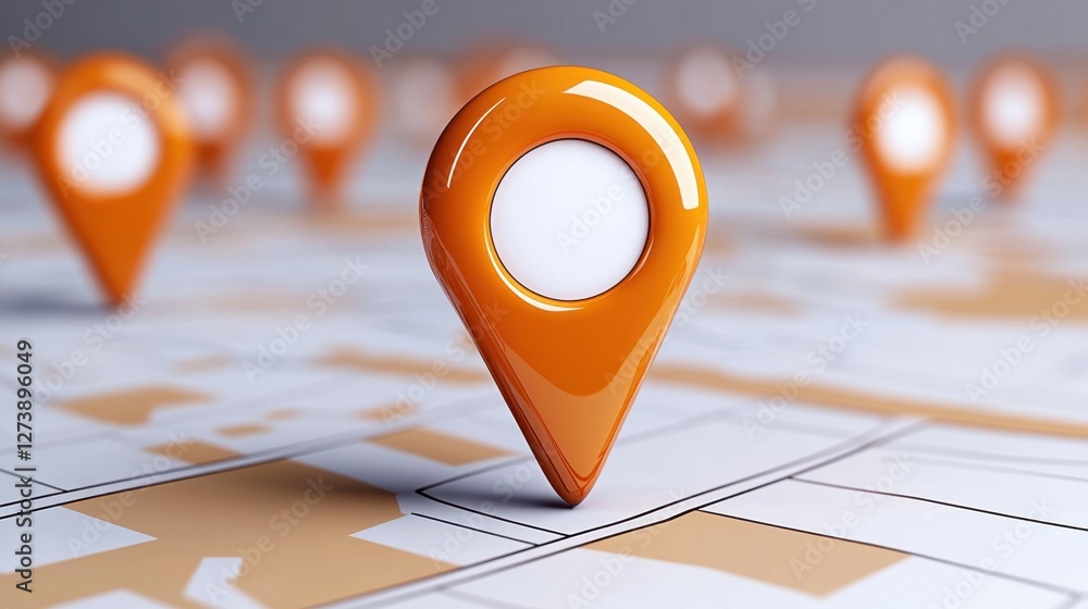 Poster bright orange location marker on a map background with a blurred background emphasizing navigation t