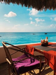 Cafe on the shore of the blue ocean for remote work of a freelancer with a wooden chair in hot summer on the island