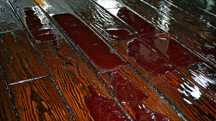 Wet wooden floor with dark liquid pooling, reflecting light and texture