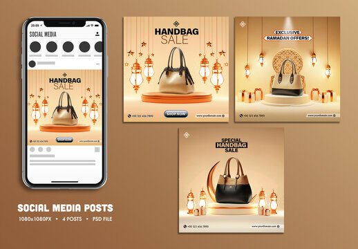Editable Social Media Posts Set Mockup of Ramadan Shopping for Handbags.
