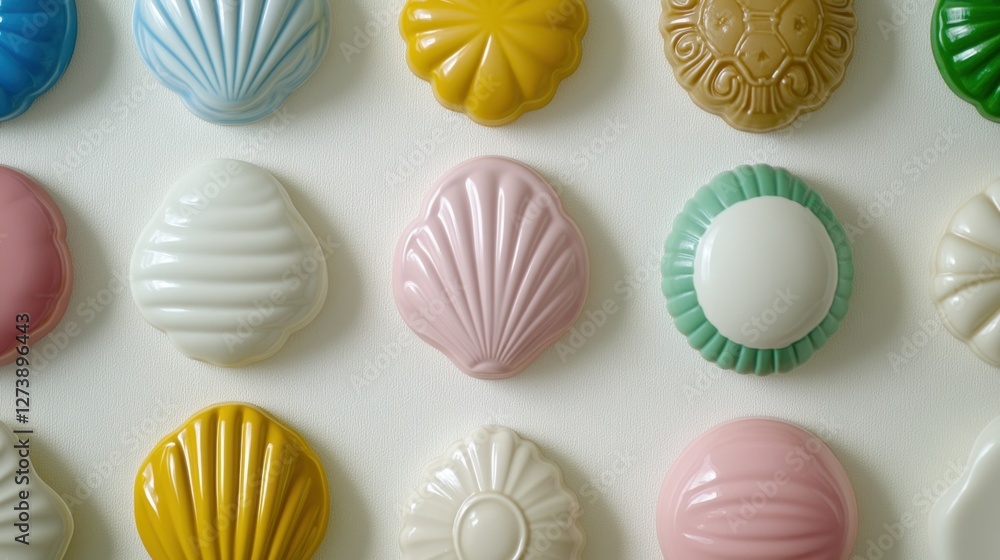 Poster collection of pastel colored ceramic decorative objects arranged in rows on a plain background. shap