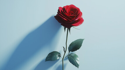 beautiful  single red rose flowerd with stem in green color isolated  on blue  background to used as a romantic gift 