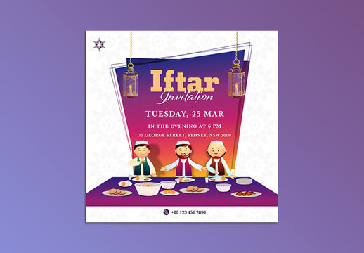 Iftar Party Invitation Card with Muslim Men Gathering at Dining Table - Editable Ramadan Social Media Post Template