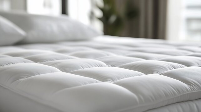 Close-up of a plush, quilted mattress topper on a neatly made bed.