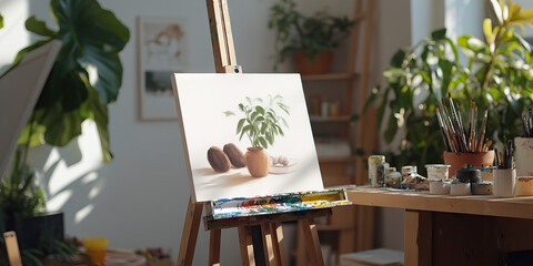 Still Life Painting on Easel with Art Supplies