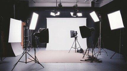 Professional Photography Studio Setup with Lighting Equipment and Backdrop