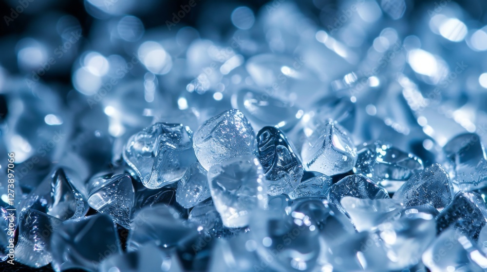Aufkleber Various small glass like crystals are scattered closely together, sparkling in soft light. Their clarity and shape create a visually appealing texture in a tranquil setting.