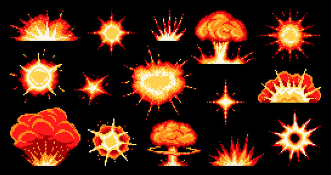 8 bit pixel game bomb blast, fire explosion, burst effect with explosive smoke clouds and flames. Retro 2d video and 8 bit games vector asset of pixel bomb blasts set. Boom and bang explode effects
