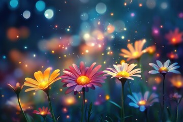 A colorful assortment of garden flowers with glowing light effects, floating particles, flowering plants illustration