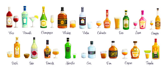 Cartoon alcohol bottles, liquor and wine drinks, vector alcoholic beverages with glasses. Vodka, whiskey, rum and beer, champagne, tequila, gin and absinthe bottles with cocktail glasses, ice and lime