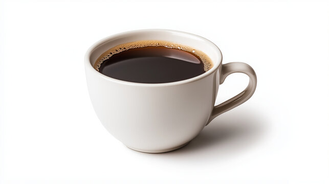 a close up of side  view to hot cup of  americano  coffee  in white mug isolated on white background 