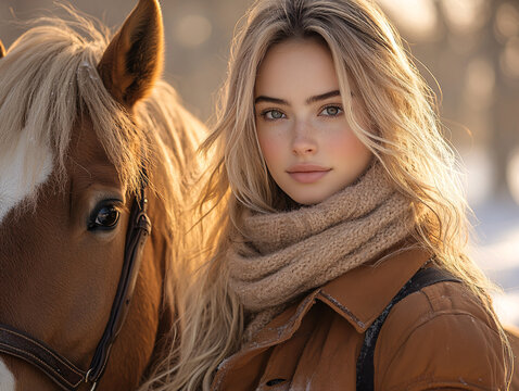 a brown knit hat and scarf is standing next to a brown horse with a white patch. The background is blurred, suggesting a winter or cold environment. - Powered by Adobe