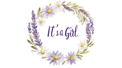 Watercolor floral wreath with "It's a Girl" announcement.
