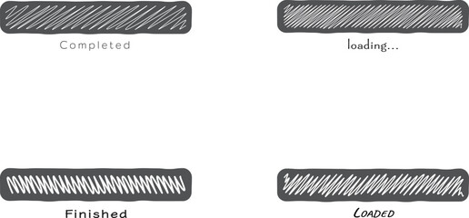 Handdrawn loading bar illustrations showing Completed, Loading..., Finished, and Loaded status.  Perfect for website design, app interfaces, and progress indicators.