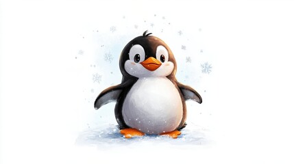 Cute cartoon penguin with snowflakes on white background