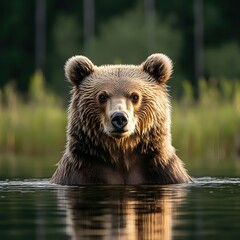Obraz premium Captivating Brown Bear Portrait Emerging from Calm Lake Waters in Natural Sunlight