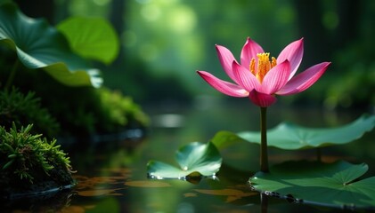 Obraz premium Blooming pink kaffir lily in a forest with water and moss, green, water