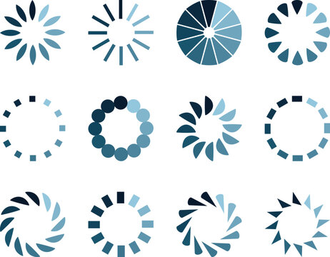 Twelve stylish loading icons in shades of blue, perfect for website design, app development, or presentations.  Clean, modern vector graphics offer diverse options for progress indicators.