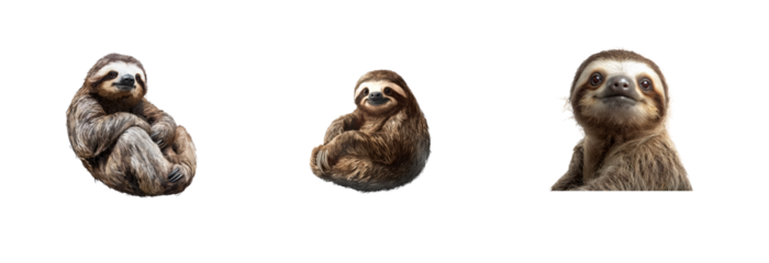 Group of three adorable sloths in various poses and expressions