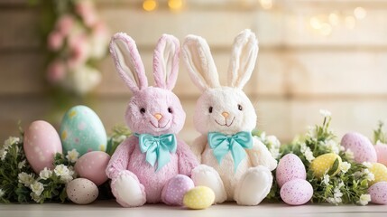 Two adorable stuffed animals sit together beside a collection of colorful eggs, creating a charming and whimsical scene.