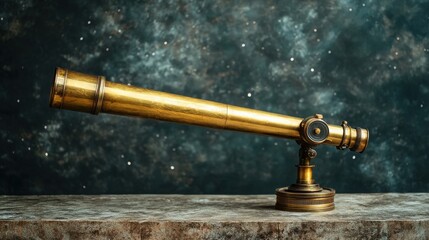 An aesthetically pleasing telescope aimed towards the stars, set on a smooth, concrete surface with a dark, star-filled sky in the background.