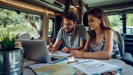 A young couple enthusiastically discusses their travel plans, surrounded by maps and a laptop in a sunny, outdoor setting