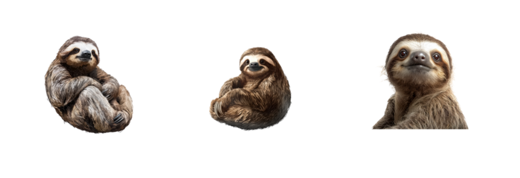 Group of three adorable sloths in various poses and expressions