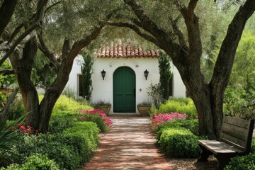 Charming pathway through lush greenery leads to a welcoming green door of a traditional garden cottage, surrounded by vibrant flowers and ancient trees in a serene setting