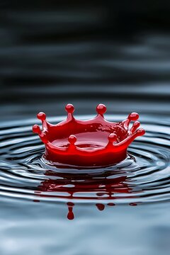 Red Liquid Crown Splash on Dark Water Surface with Ripples