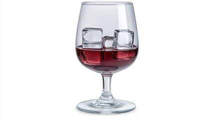 Close up view of a stemmed glass containing red liquid and several ice cubes against a white background
