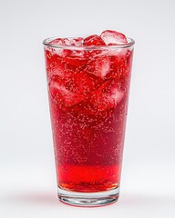 Refreshing red carbonated beverage with ice in a tall glass against a white background. The drink is vibrant and bubbly, perfect for summer