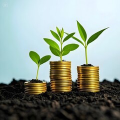 A pile of gold coins with green shoots growing on top