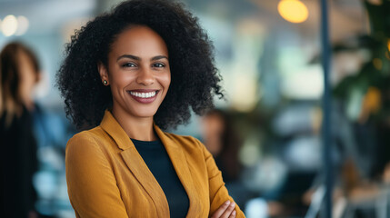 Obraz premium A cheerful and stylish young woman, smiling brightly in a bright modern setting. This image represents positivity, confidence, happiness and a professional yet approachable personality.