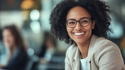 Fototapeta premium A cheerful and stylish young woman, smiling brightly in a bright modern setting. This image represents positivity, confidence, happiness and a professional yet approachable personality.