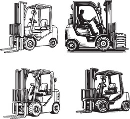 Charming Forklift Illustrations - Black and White Cartoon-Style Forklifts in Various Angles
