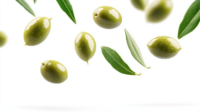 flying  green olives  and green leaves isolated on white background