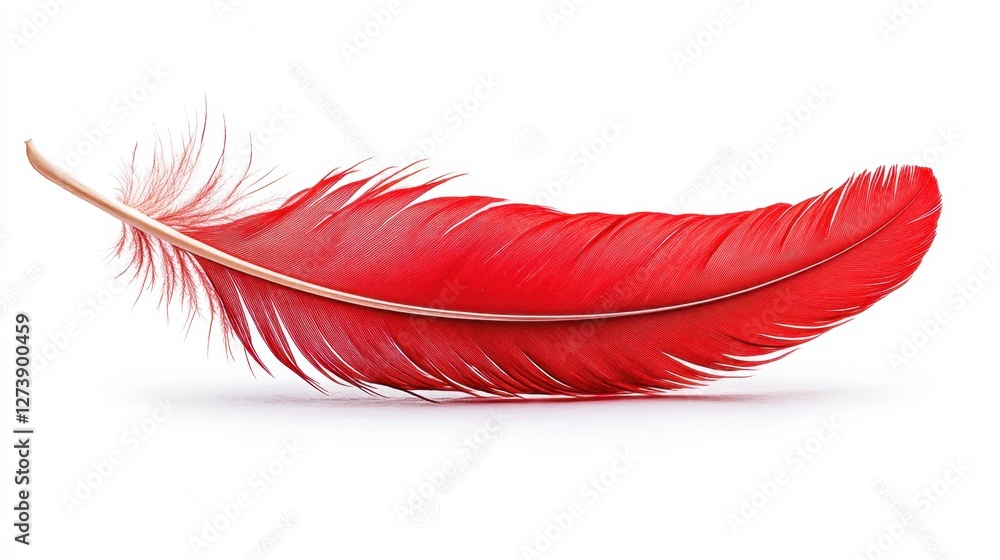 Poster a single red feather on a plain white background, exhibiting detailed texture and a soft shadow. the