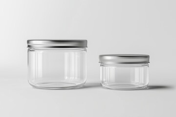 Two empty glass jars with silver lids, one large and one small, on a white background. mockup
