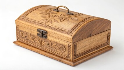 Carved Wooden Chest on White Background