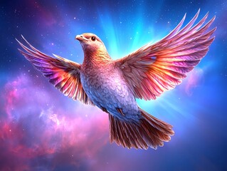 Fototapeta premium Colorful Bird in Flight Against a Cosmic Starry Background