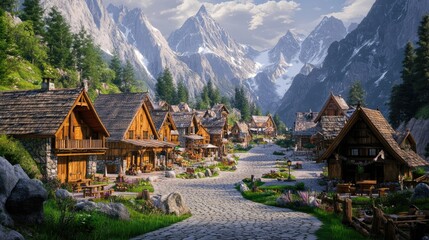 A peaceful medieval village with wooden houses, cobblestone streets, and a stunning mountain backdrop. Ideal for fantasy storytelling, RPG settings, and historical themes