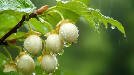 Obraz premium Close-Up of Hazelnuts on a Branch with Raindrops Glimmering in Natural Light