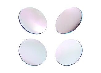 3d glass round lens. Set realistic transparent glass plate glossy effect. Mirror frame shape. Disk holographic texture. Fly round podium. Gradient gloss circular badge. Vector realistic illustration