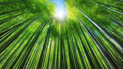 A vibrant green bamboo forest seen from below, sunlight shining through the tall stalks creating a bright and uplifting atmosphere. Lush foliage and