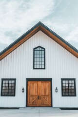 A contemporary barn-style structure features expansive wooden doors and striking windows, beautifully set against a backdrop of a cloudy sky in a serene rural landscape