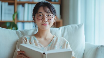 Young woman enjoys reading a book while relaxing on a comfortable couch in a bright living room setting.
